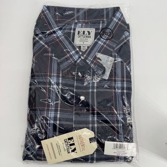 Ely Cattleman Men’s 3XLT Navy Plaid Western Snap Shirt Long Sleeve NWT - Picture 2 of 5